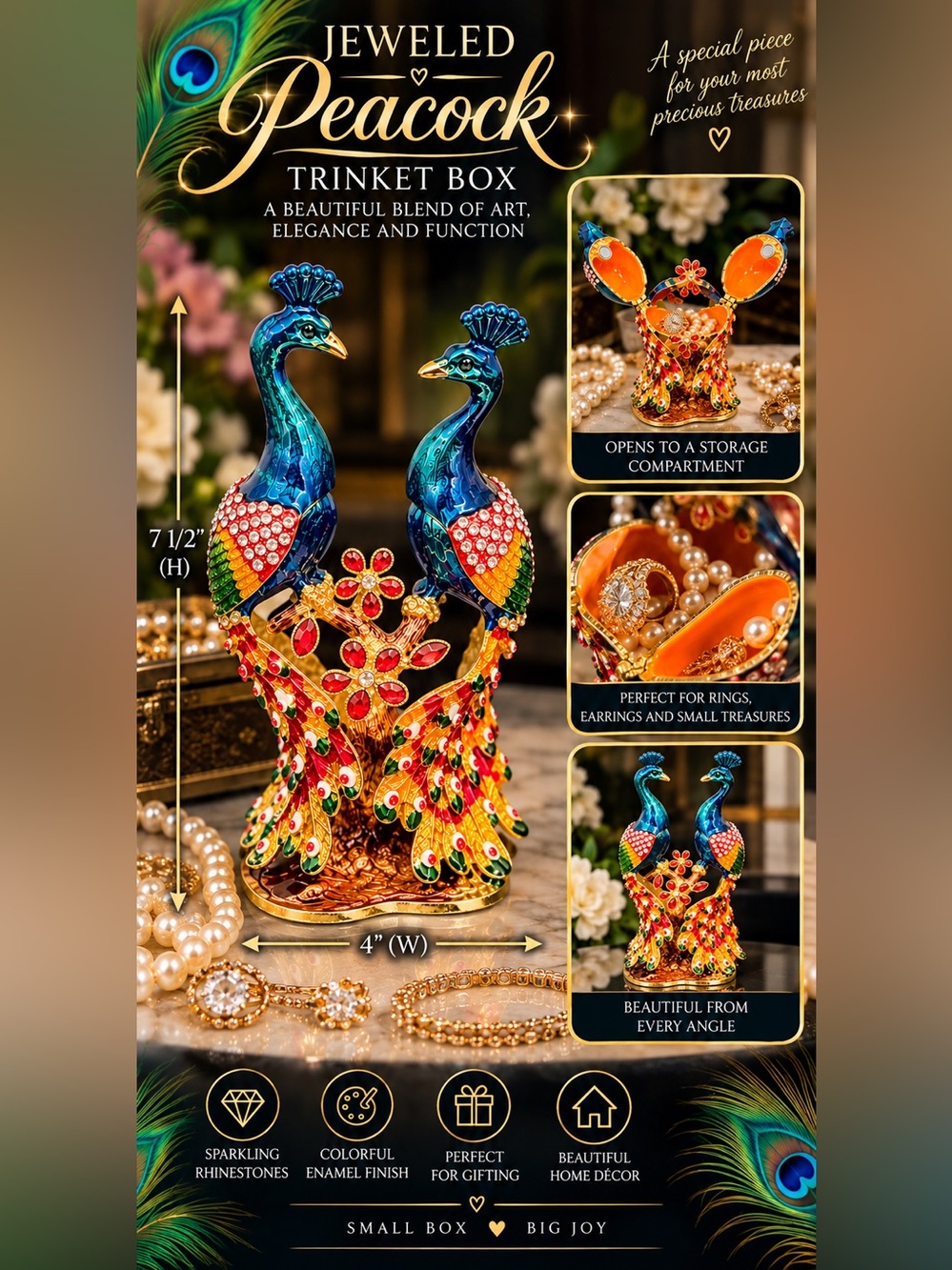 Jeweled Double Peacock Trinket Box Rhinestone Enamel Hinged Jewelry Box Decor